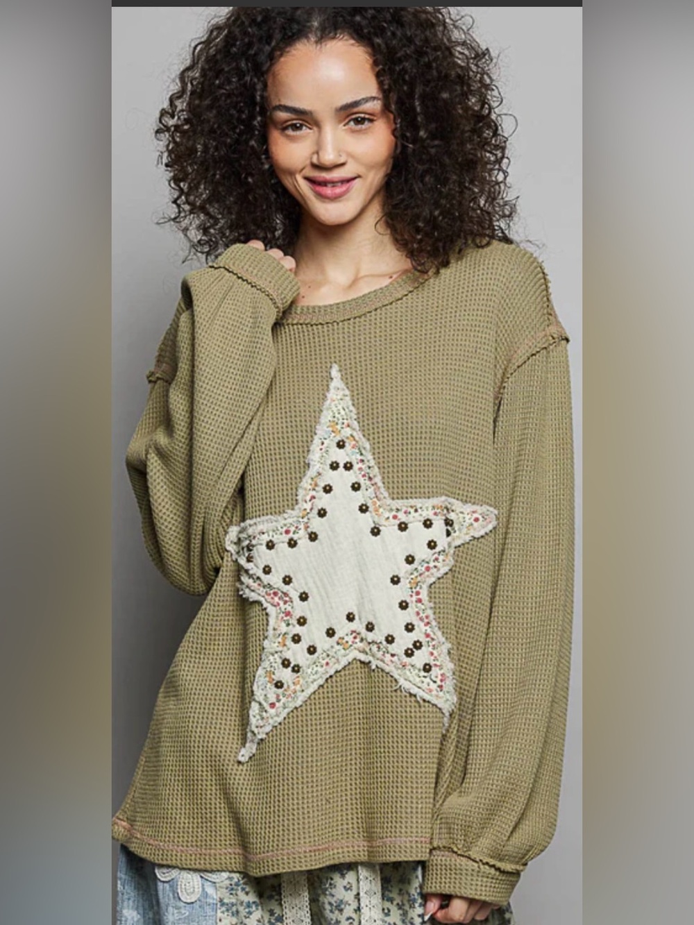 192🌟 Stella" Star Applique Studded Thermal Top in Olive